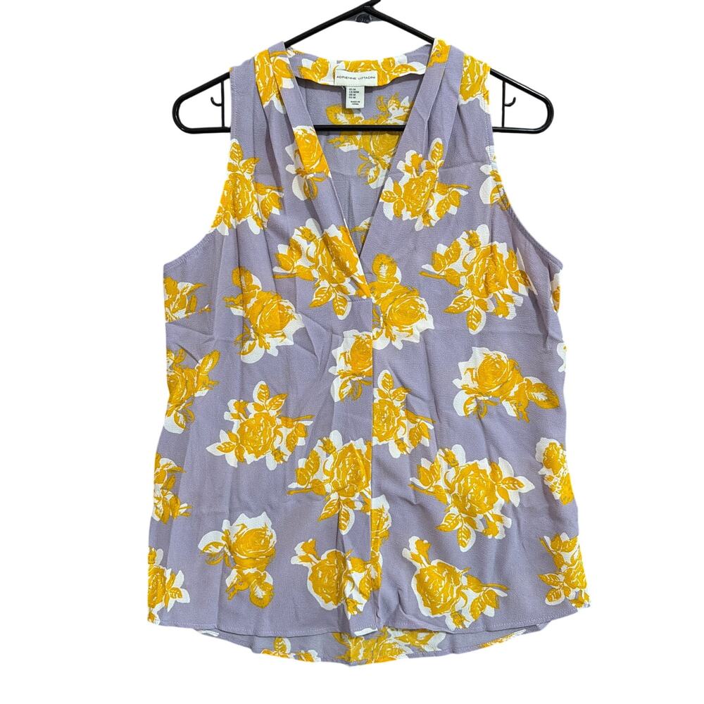 Adrienne Vittadini Womens Blouse Purple Yellow Floral VNeck Sleeveless Stretch M